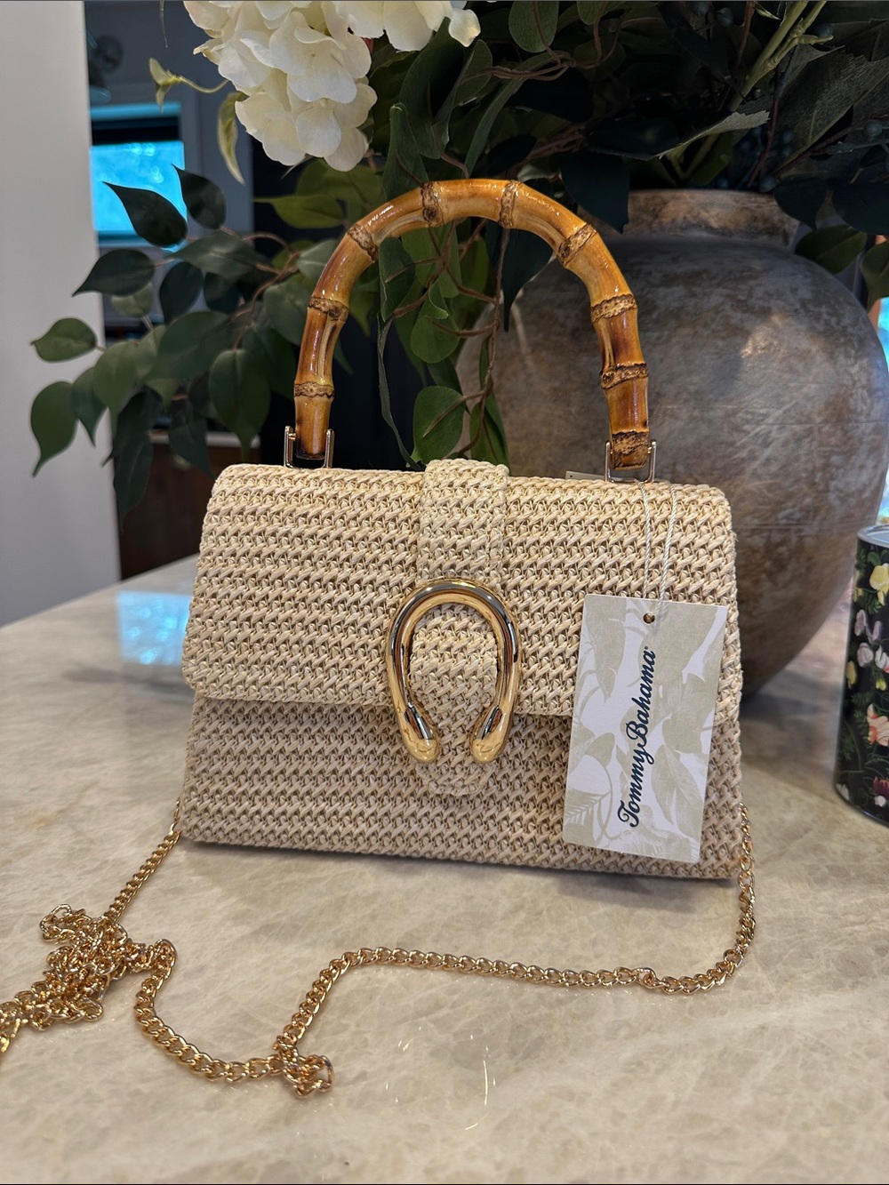 Tommy Bahama Natural Woven Shoulder Bag with Bamboo Handle & Gold Hardware